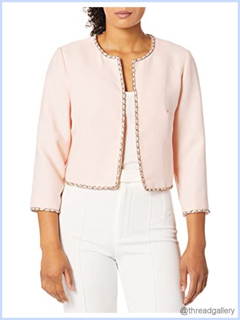 Tweed Blazer Jacket 3/4 Sleeve Open Front Chain Detail